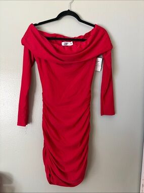Tiger Mist Bright Red Off-Shoulder Ruched Long Sleeve Dress